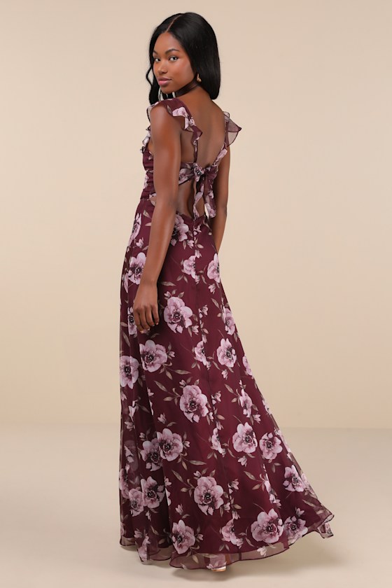 Shop Lulus Sweetest Entrance Plum Purple Floral Ruffled Tie-back Maxi Dress