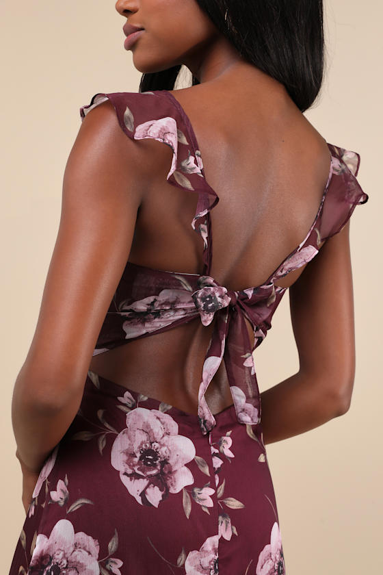 Shop Lulus Sweetest Entrance Plum Purple Floral Ruffled Tie-back Maxi Dress