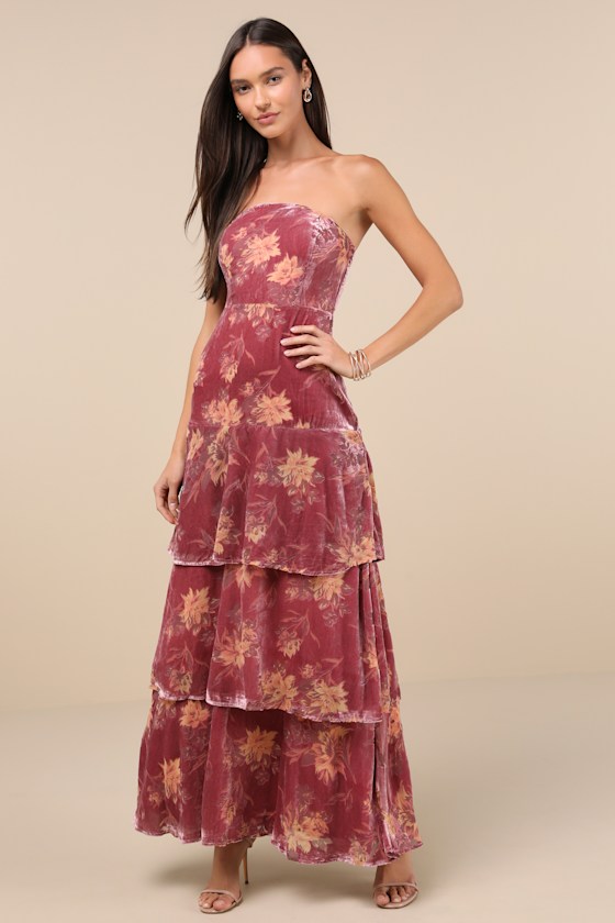 Real Allure Rose Pink Floral Burnout Velvet Strapless Maxi Dress 1