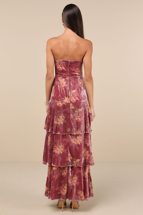 Real Allure Rose Pink Floral Burnout Velvet Strapless Maxi Dress 2