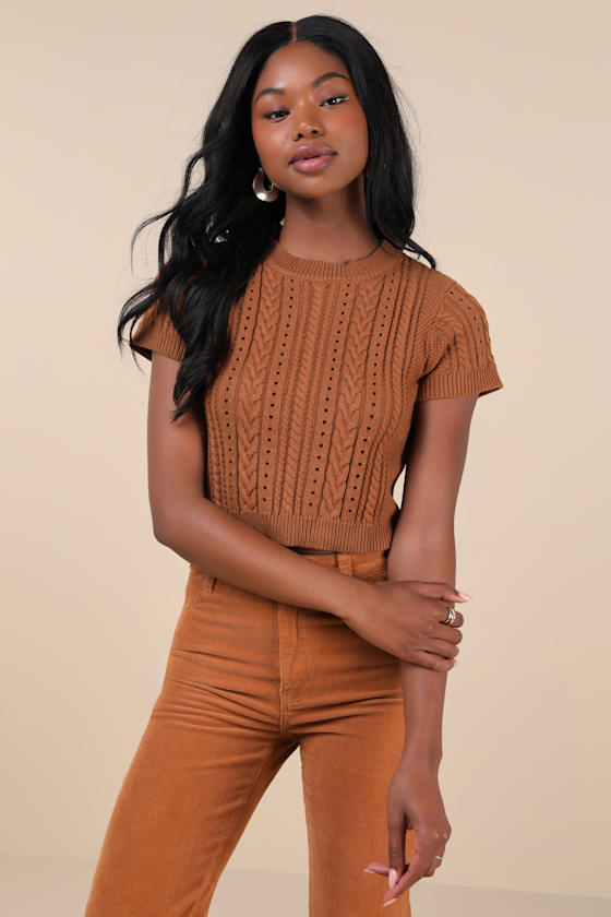 Modish Ways Rust Brown Cable Knit Short Sleeve Sweater Top 1