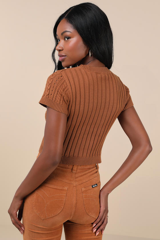 Lulus Modish Ways Rust Brown Cable Knit Short Sleeve Sweater Top In Rust Brown