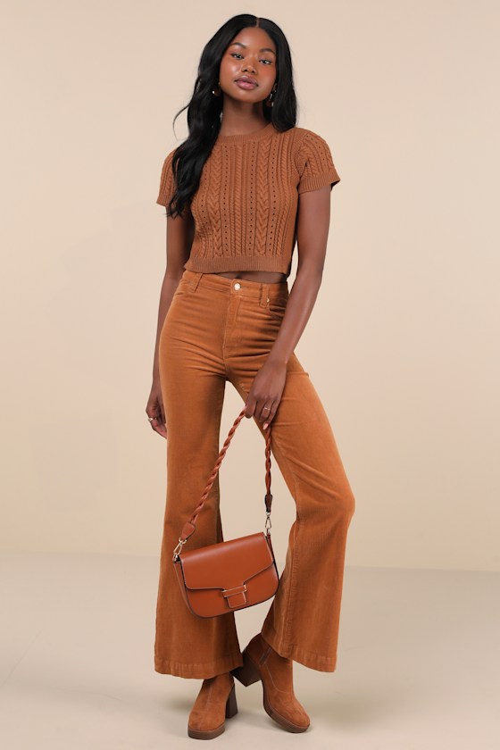 Lulus Modish Ways Rust Brown Cable Knit Short Sleeve Sweater Top In Rust Brown
