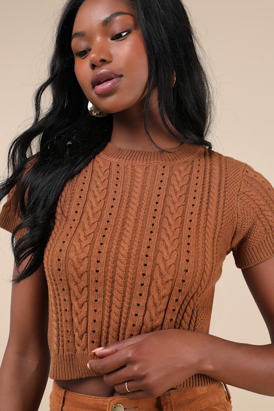 Lulus Modish Ways Rust Brown Cable Knit Short Sleeve Sweater Top In Rust Brown