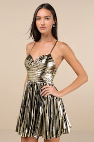 Glamorous Choice Gold Metallic Pleated Lace-Up Mini Dress 1