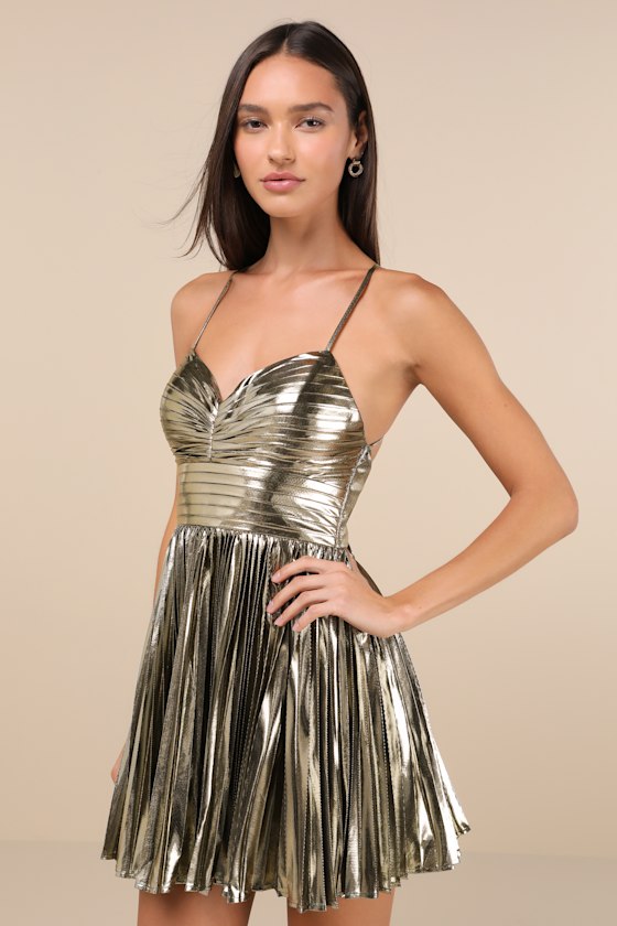 Glamorous Choice Gold Metallic Pleated Lace-Up Mini Dress 1