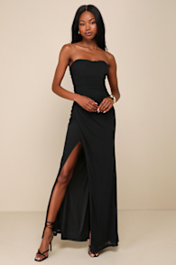 Epitome of Allure Black Mesh Strapless Ruched Tulip Maxi Dress 5