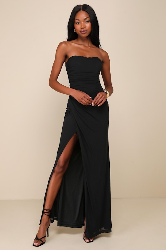 Epitome of Allure Black Mesh Strapless Ruched Tulip Maxi Dress 5