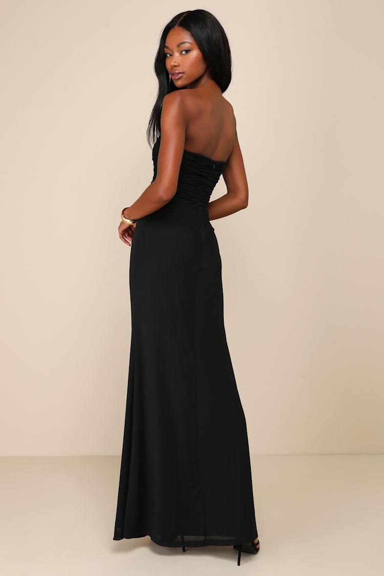 Epitome of Allure Black Mesh Strapless Ruched Tulip Maxi Dress