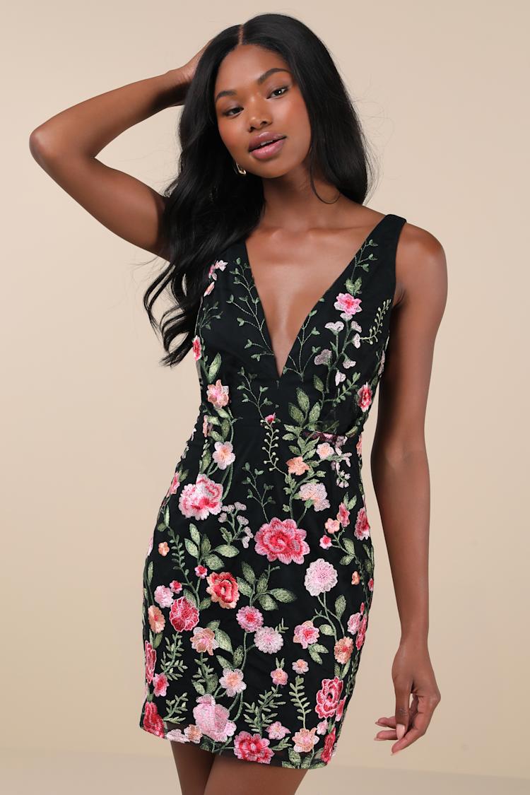 Soiree Blossom Black Floral Embroidered Bodycon Mini Dress