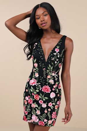 rue black floral embroidered sequin bodycon mini dress Soiree Blossom black strapless dress long lower zipper with hook color:Mahagony Details_Front Slit