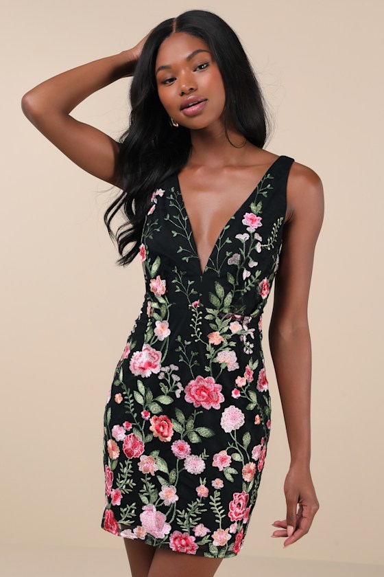 Soiree Blossom Black Floral Embroidered Bodycon Mini Dress 1