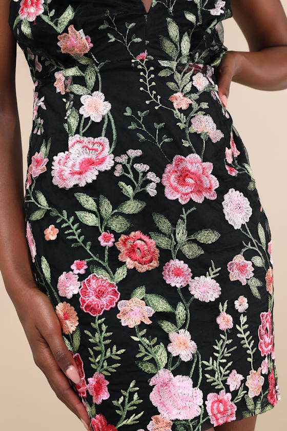 Lulus Soiree Blossom Black Floral Embroidered Bodycon Mini Dress In Black