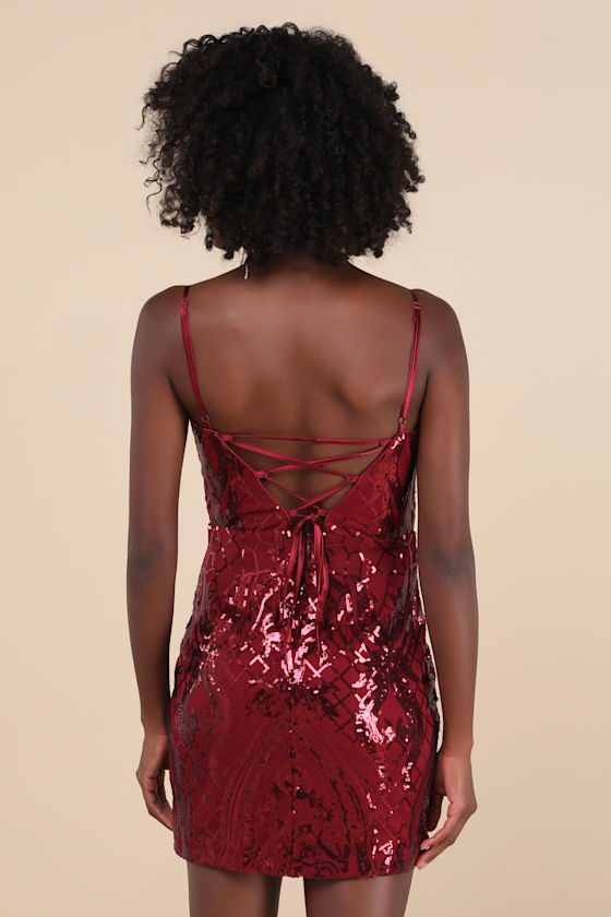 Sparkling Magic Wine Red Sequin Lace-Up Mini Dress 2
