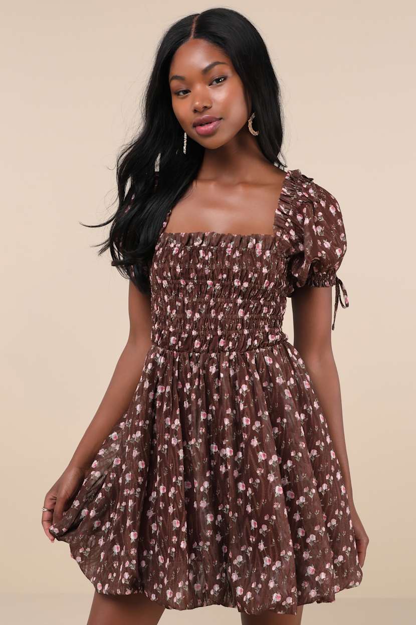 Delightful Crush Brown Floral Smocked Puff Sleeve Mini Dress