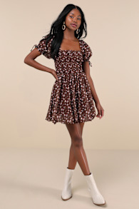 Delightful Crush Brown Floral Smocked Puff Sleeve Mini Dress