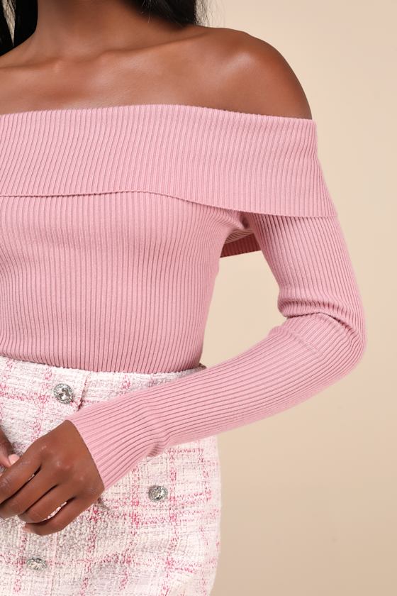 LULUS CASUAL ADMIRATION MAUVE RIBBED OFF-THE-SHOULDER SWEATER TOP
