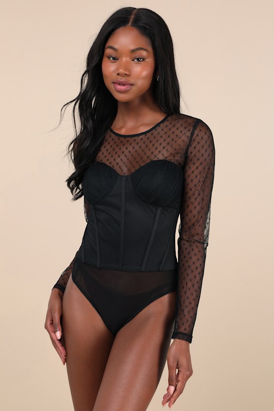 Lulus Luxe Agenda Black Sheer Mesh Polka Dot Pleated Bustier Bodysuit In Black