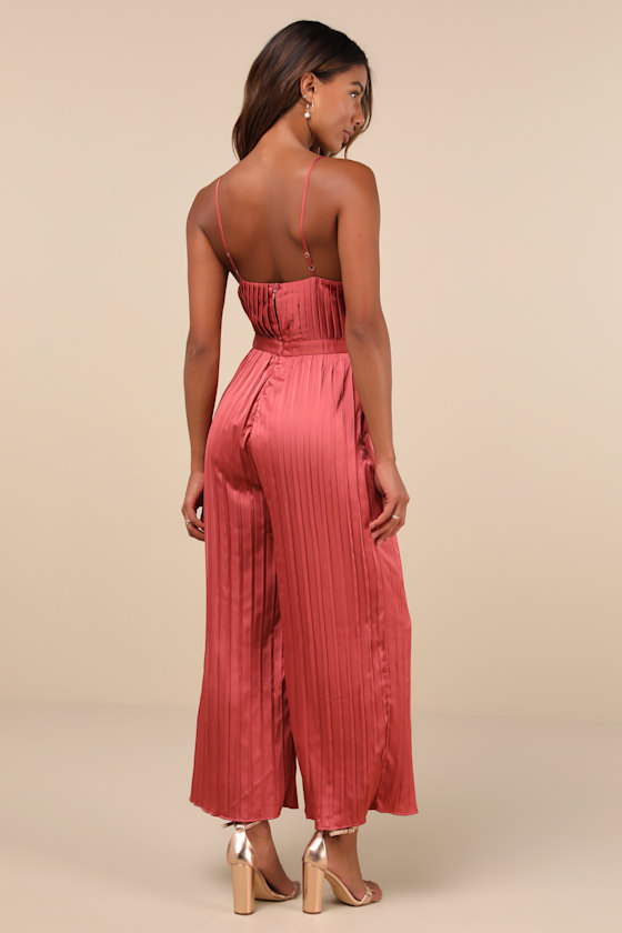 Lulus Stellar Poise Rusty Rose Pleated Satin Wide-leg Jumpsuit In Pink