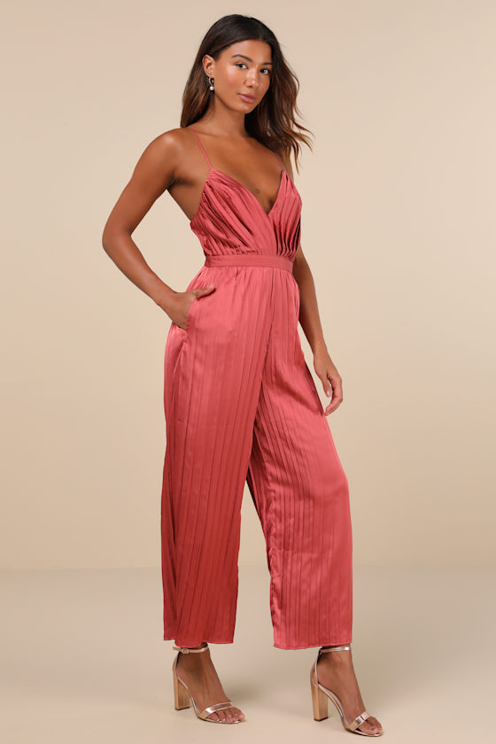 Lulus Stellar Poise Rusty Rose Pleated Satin Wide-leg Jumpsuit In Pink