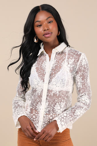 Exquisite Nature Cream Sheer Embroidered Button-Up Top 1