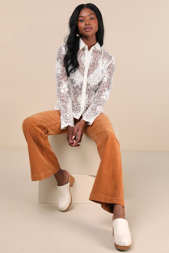 LULUS EXQUISITE NATURE CREAM SHEER EMBROIDERED BUTTON-UP TOP