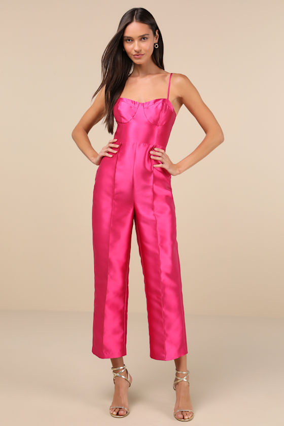 Lulus Contemporary Pose Hot Pink Taffeta Bustier Sleeveless Jumpsuit In Hot Pink