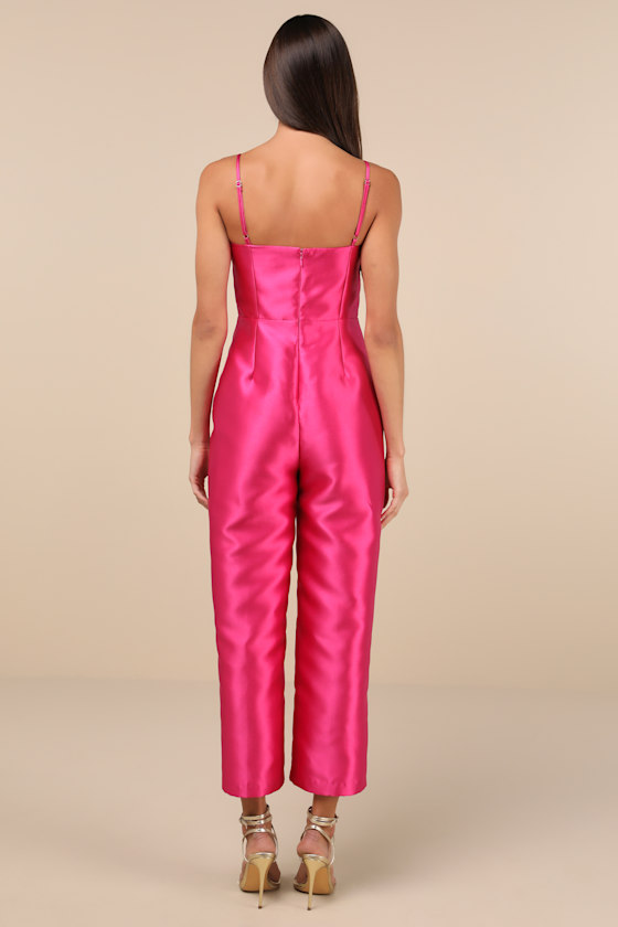 Lulus Contemporary Pose Hot Pink Taffeta Bustier Sleeveless Jumpsuit In Hot Pink