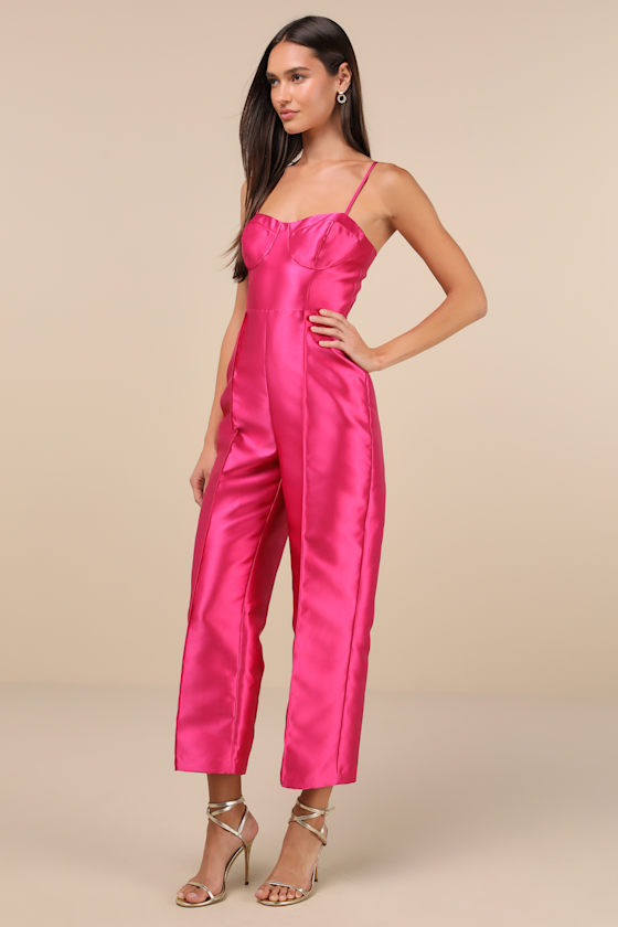 Lulus Contemporary Pose Hot Pink Taffeta Bustier Sleeveless Jumpsuit In Hot Pink