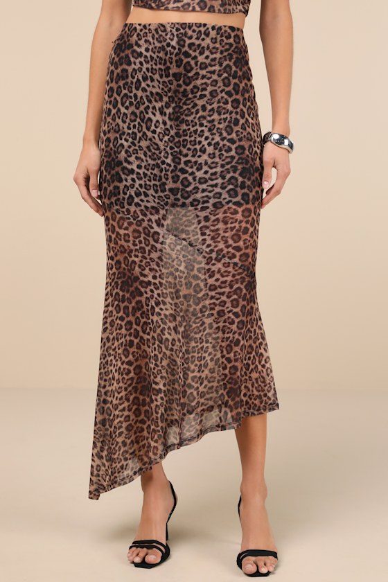 Fierce Charm Brown Leopard Print Mesh Asymmetrical Midi Skirt 2