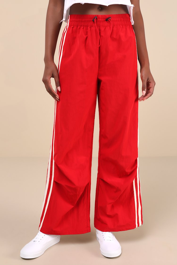 Sporty Sweetie Red Nylon Drawstring Wide-Leg Athletic Pants