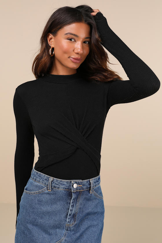 Lulus Twist Time Black Ribbed Twisted Mock Neck Long Sleeve Bodysuit In Black