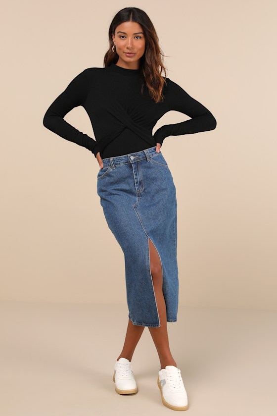 Lulus Twist Time Black Ribbed Twisted Mock Neck Long Sleeve Bodysuit In Black