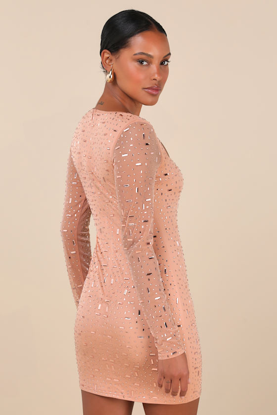 Shop Lulus Luxe Statement Tan Rhinestone Mesh Long Sleeve Mini Dress