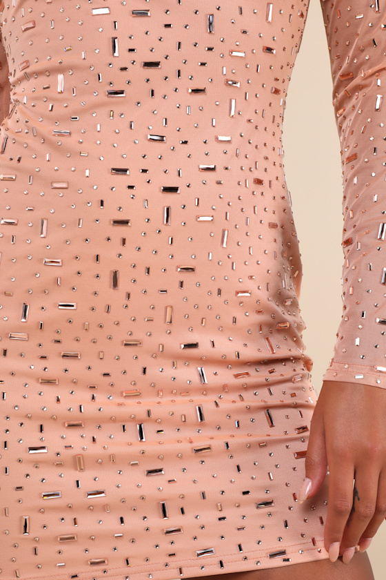 Shop Lulus Luxe Statement Tan Rhinestone Mesh Long Sleeve Mini Dress