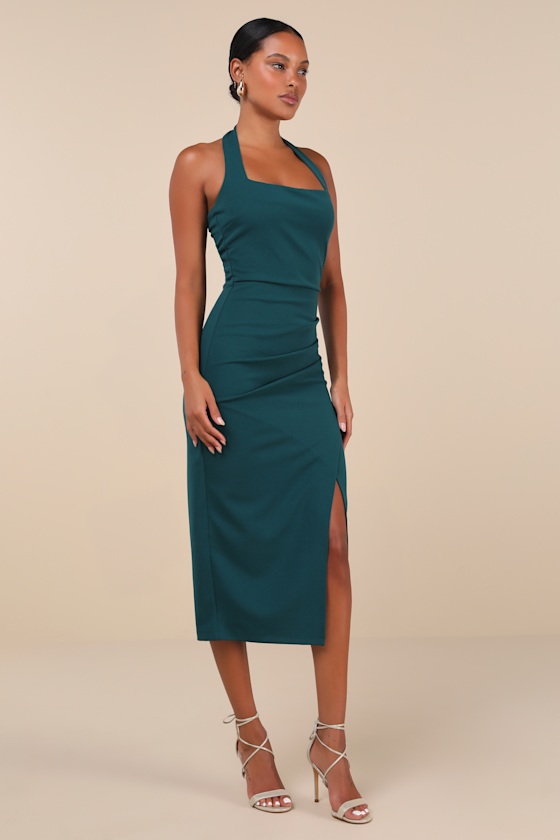 Lulus Prominent Charm Emerald Halter Bodycon Tulip Midi Dress In Green