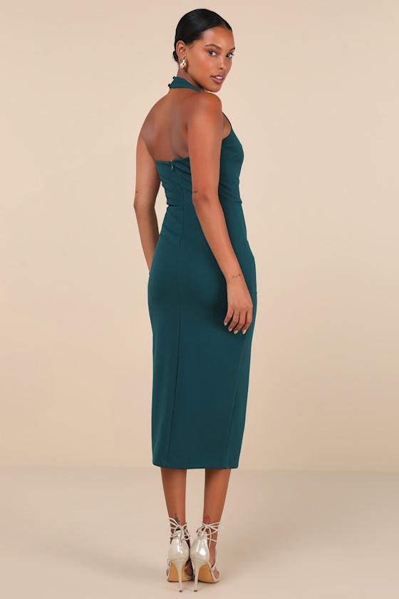 Lulus Prominent Charm Emerald Halter Bodycon Tulip Midi Dress In Green