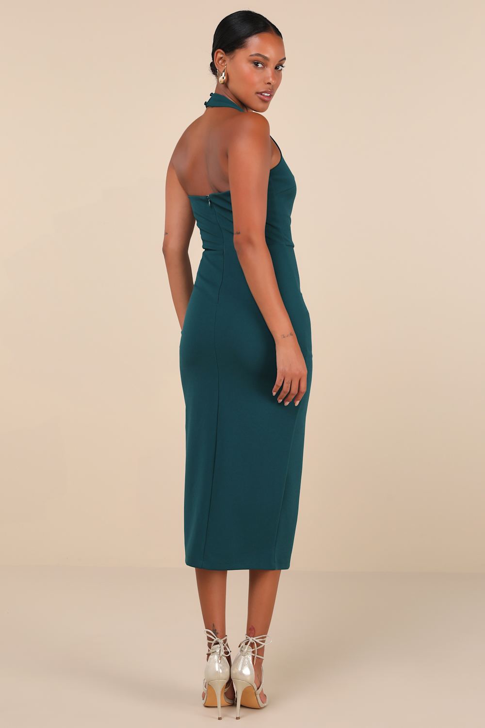 Prominent Charm Emerald Halter Bodycon Tulip Midi Dress