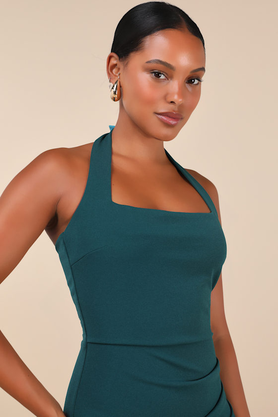 Lulus Prominent Charm Emerald Halter Bodycon Tulip Midi Dress In Green