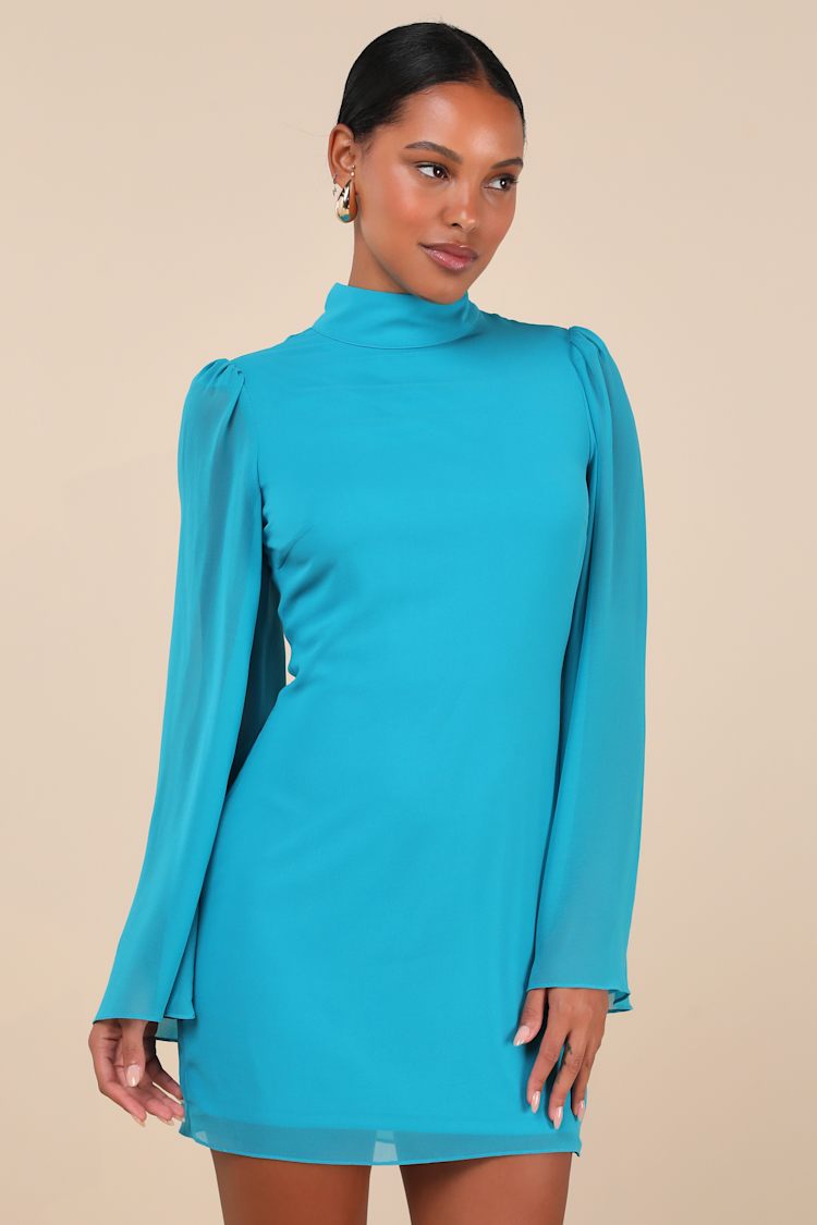 Guaranteed Chicness Teal Blue Mock Neck Mini Dress