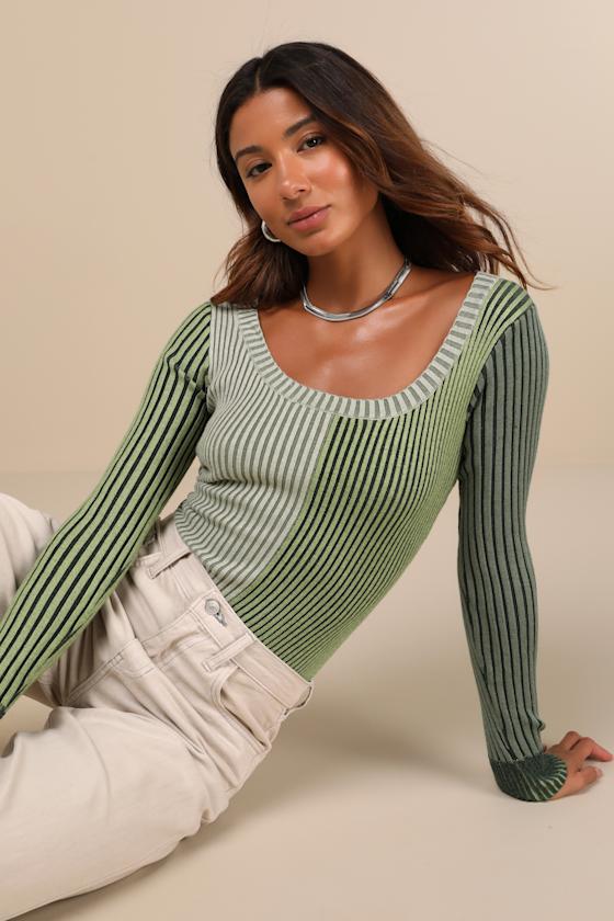 Lulus Mod Cutie Green Color Block Ribbed Long Sleeve Bodysuit In Green