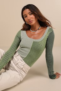 Mod Cutie Green Color Block Ribbed Long Sleeve Bodysuit 1