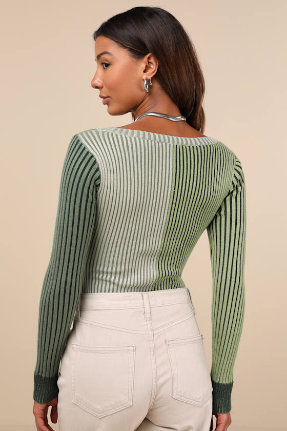 Lulus Mod Cutie Green Color Block Ribbed Long Sleeve Bodysuit In Green