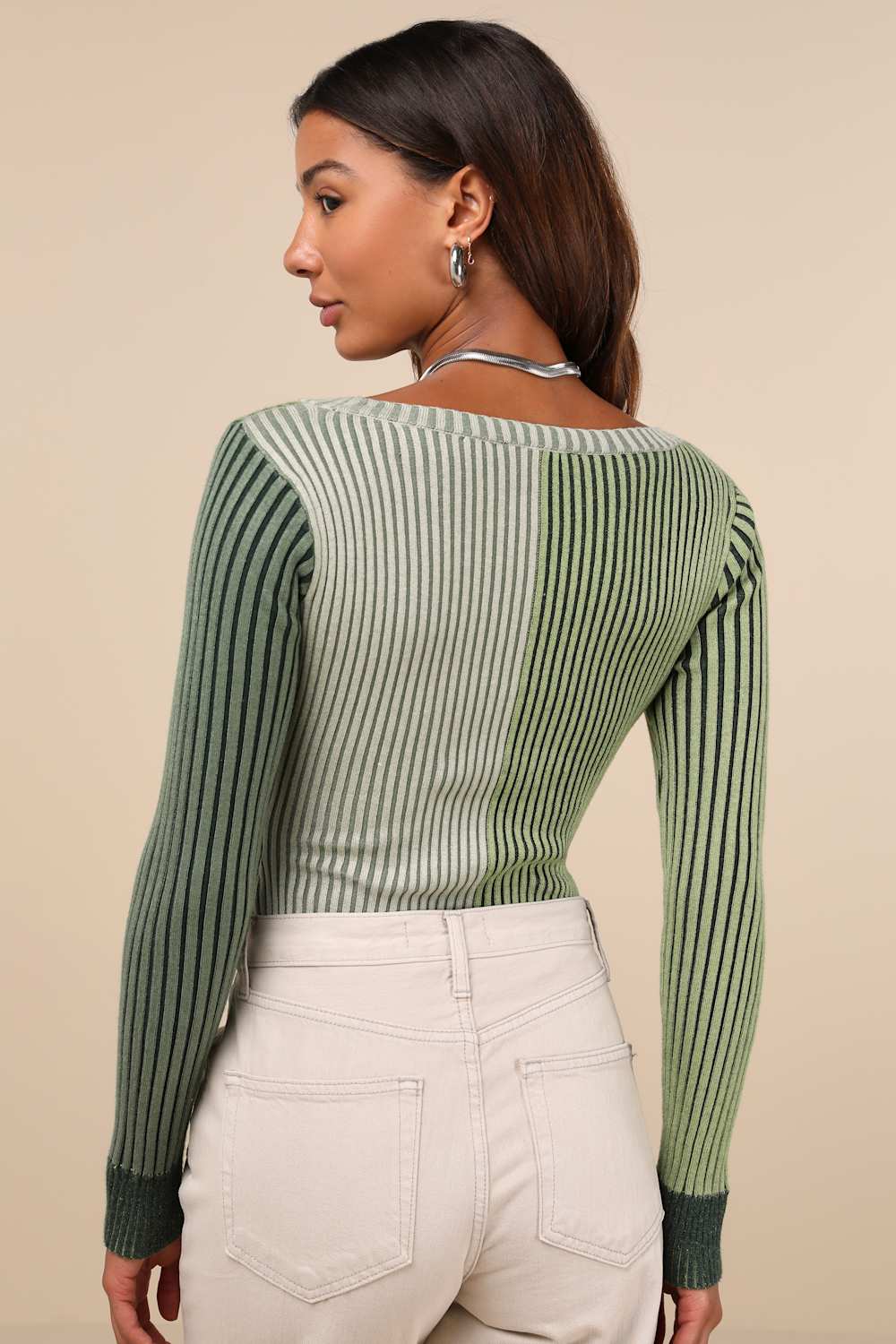 Mod Cutie Green Color Block Ribbed Long Sleeve Bodysuit
