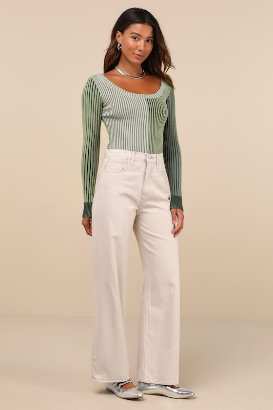 Lulus Mod Cutie Green Color Block Ribbed Long Sleeve Bodysuit In Green