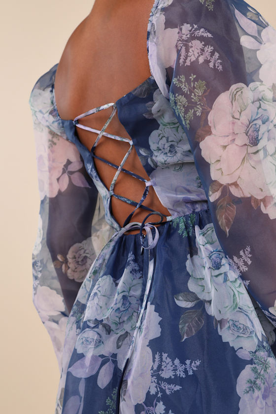 Lulus Positively Enchanting Blue Floral Organza Bustier Mini Dress In Blue