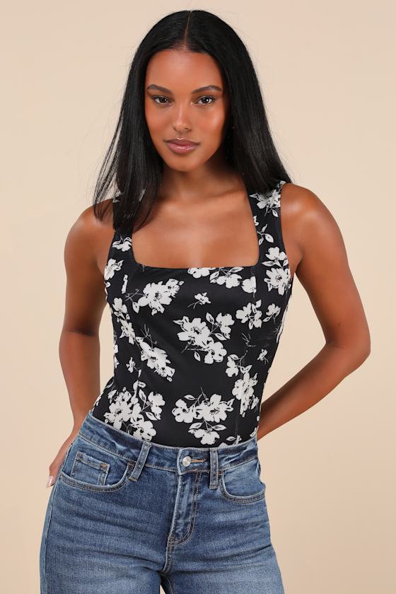 LULUS CHICLY ELEVATED BLACK FLORAL PRINT MESH SLEEVELESS BODYSUIT
