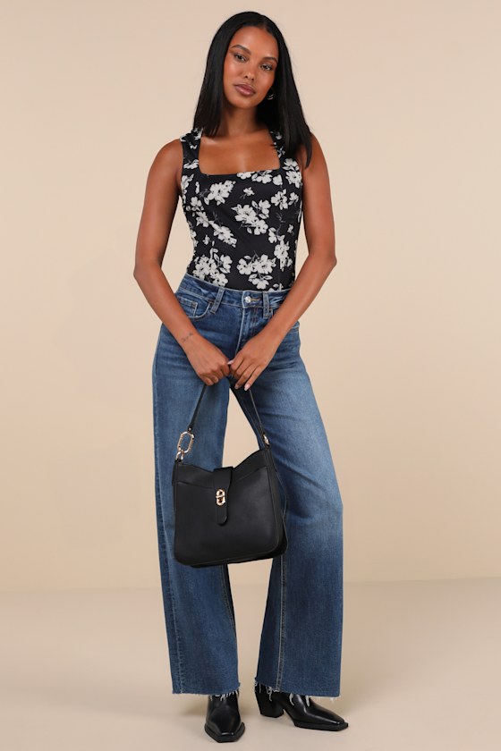 LULUS CHICLY ELEVATED BLACK FLORAL PRINT MESH SLEEVELESS BODYSUIT