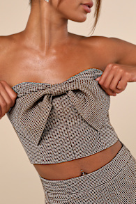 Flirtatious Darling Brown Houndstooth Plaid Bow Crop Top 5