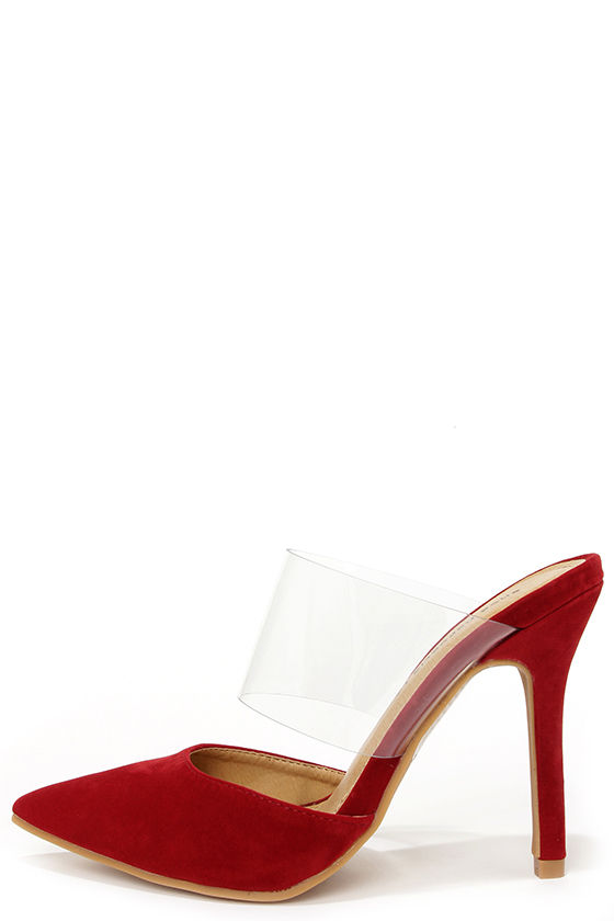 red heels with clear strap